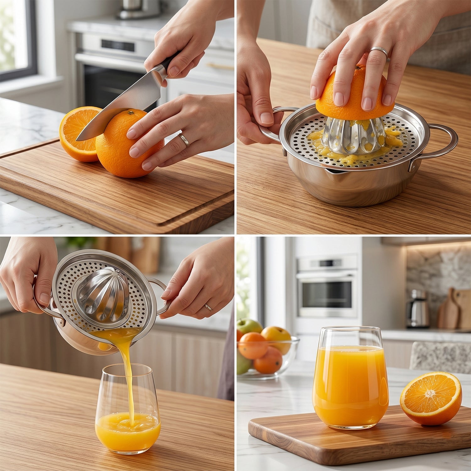 Juice flowing from the stainless steel citrus juicer with fresh fruits in action.