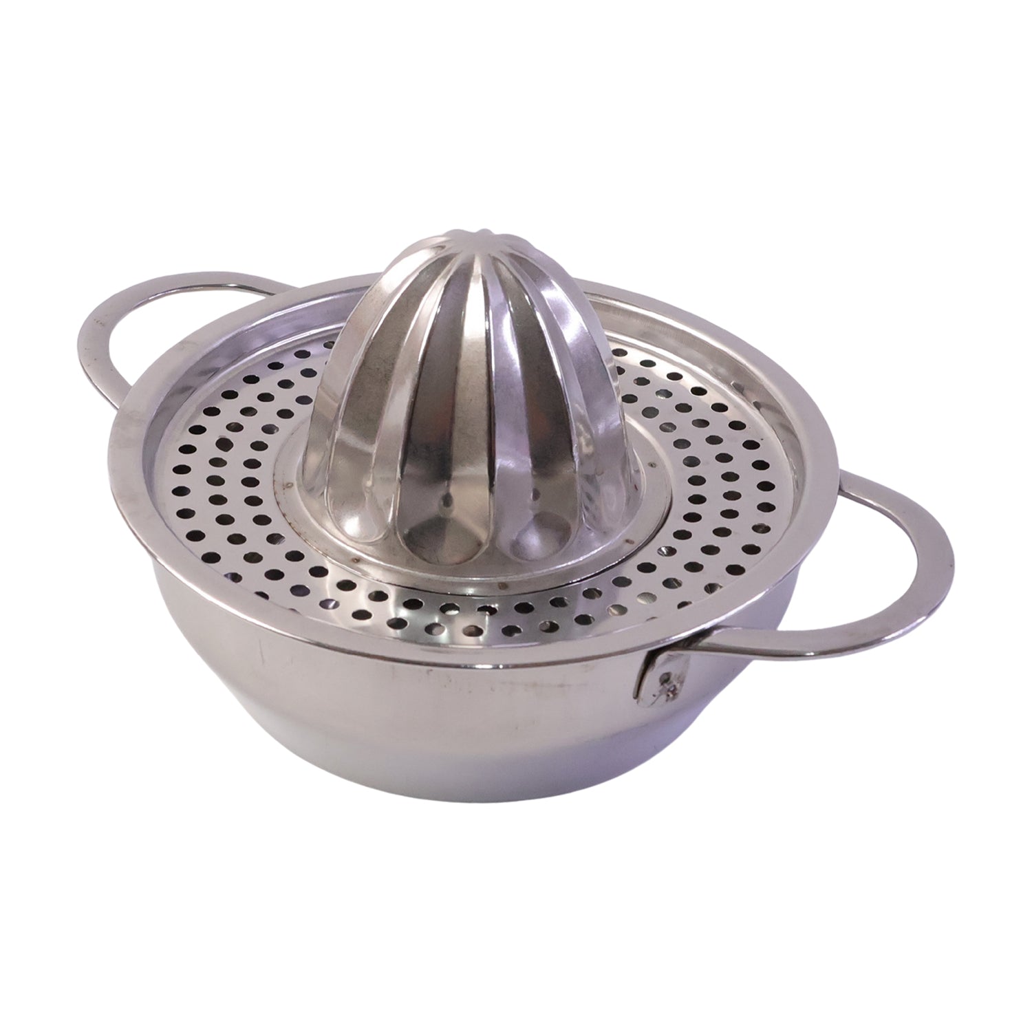 Stainless steel juicer with halved citrus fruits ready for pressing.