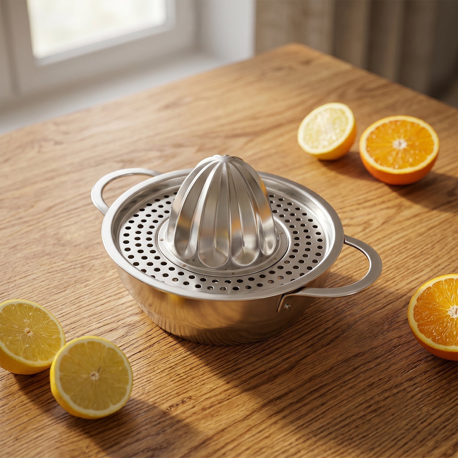 User extracting fresh juice with the stainless steel manual citrus juicer.