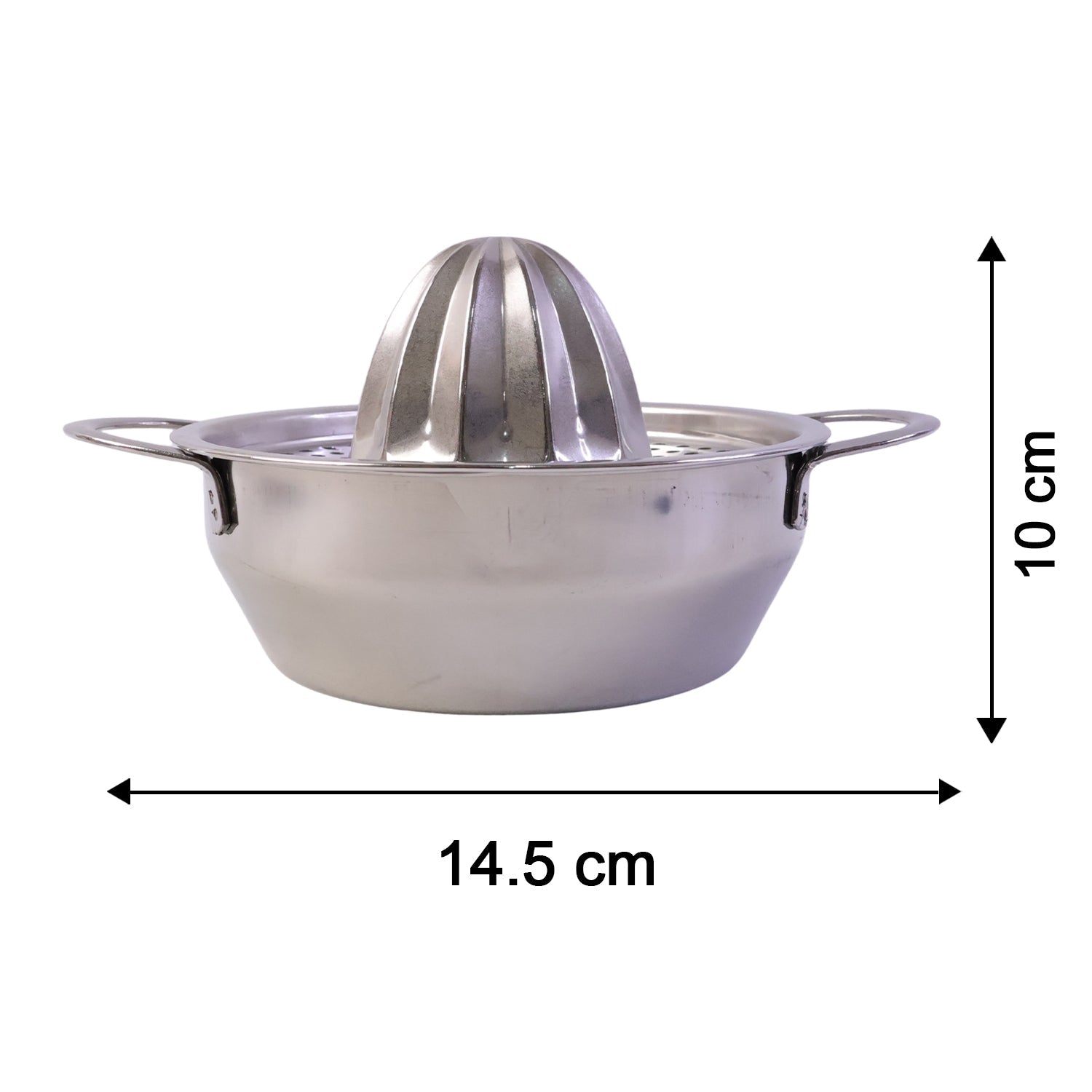 Compact stainless steel citrus juicer designed for convenient kitchen storage.