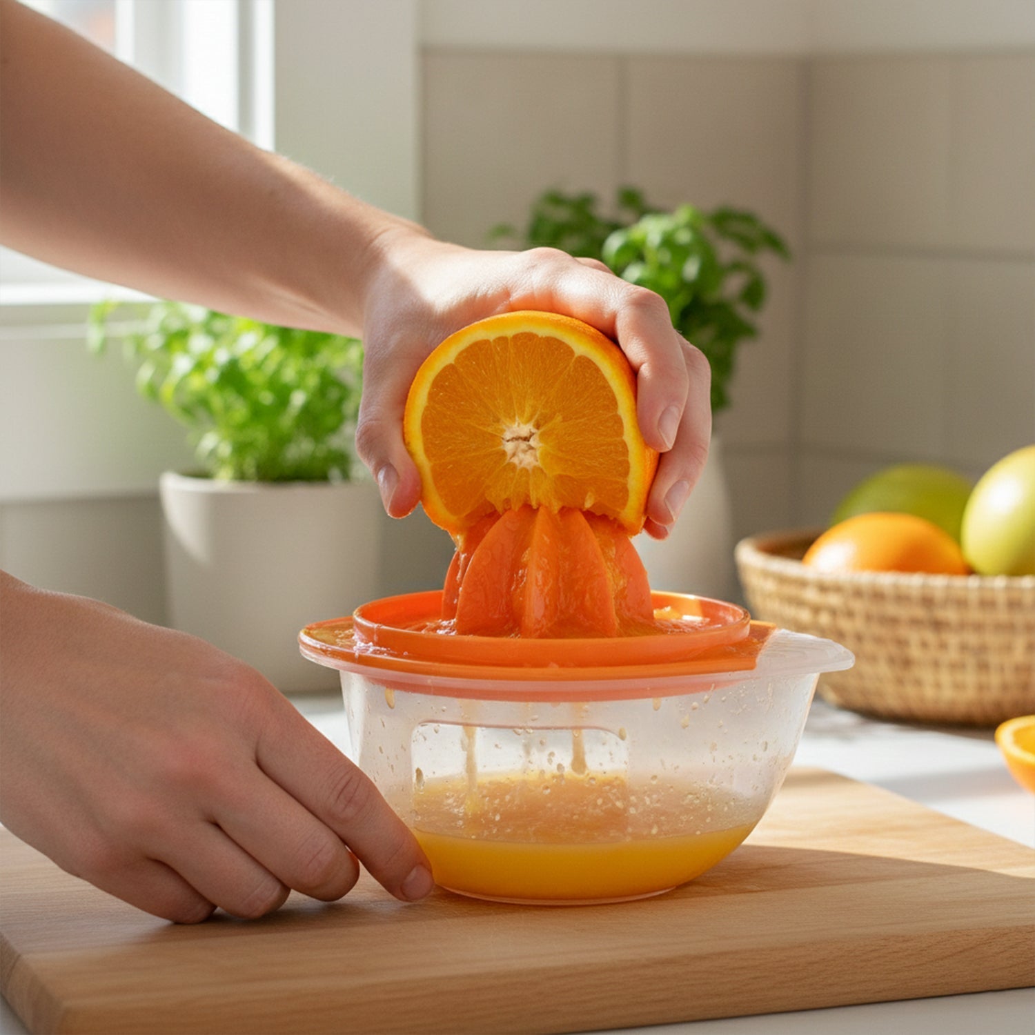 Close-up of Apex juicer strainer top and spouted bowl
