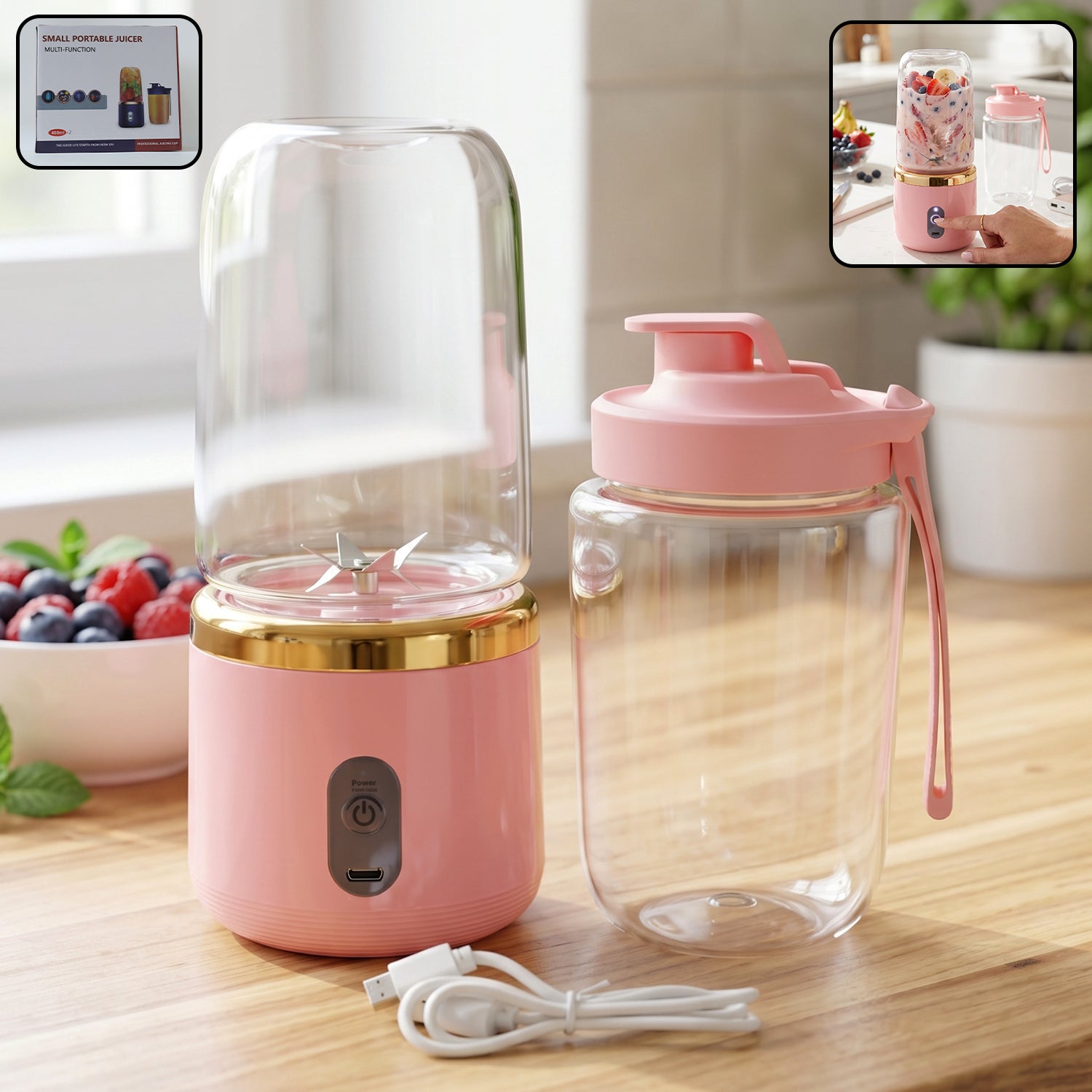 Pink portable small electric juicer blender with 2 cups for smoothies and juices