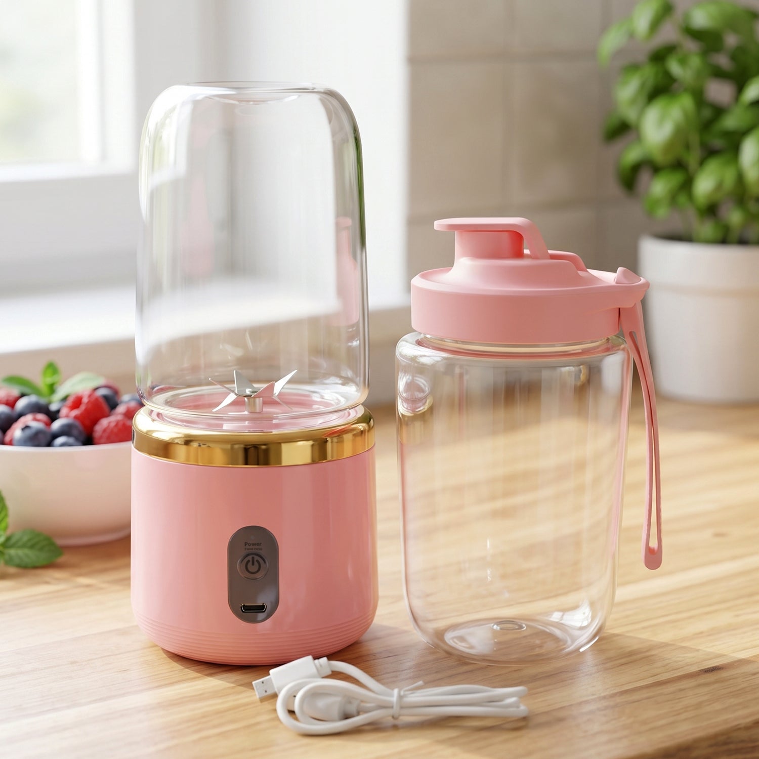 Multiple angles of pink portable electric juicer with cups and blades