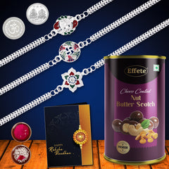 3 Rakhi Gift Hamper with Butterscotch Chocolate Canister, Roli Chawal Set, Silver Coins & Festive Rakhi Card,Rakhi Gift Combo