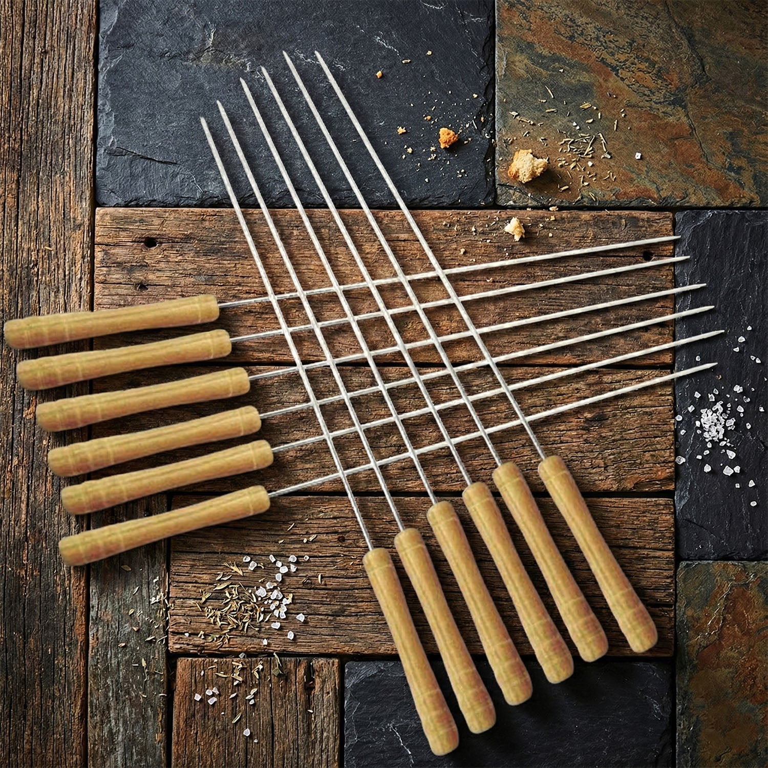 Barbecue skewers with wooden handles arranged neatly