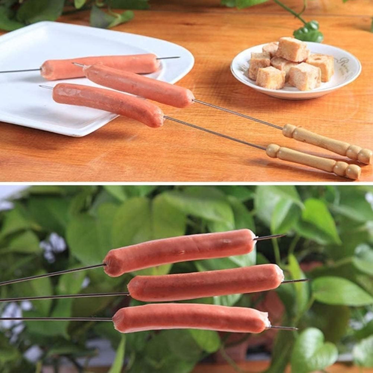 Close-up of barbecue skewers with wooden handles on grill