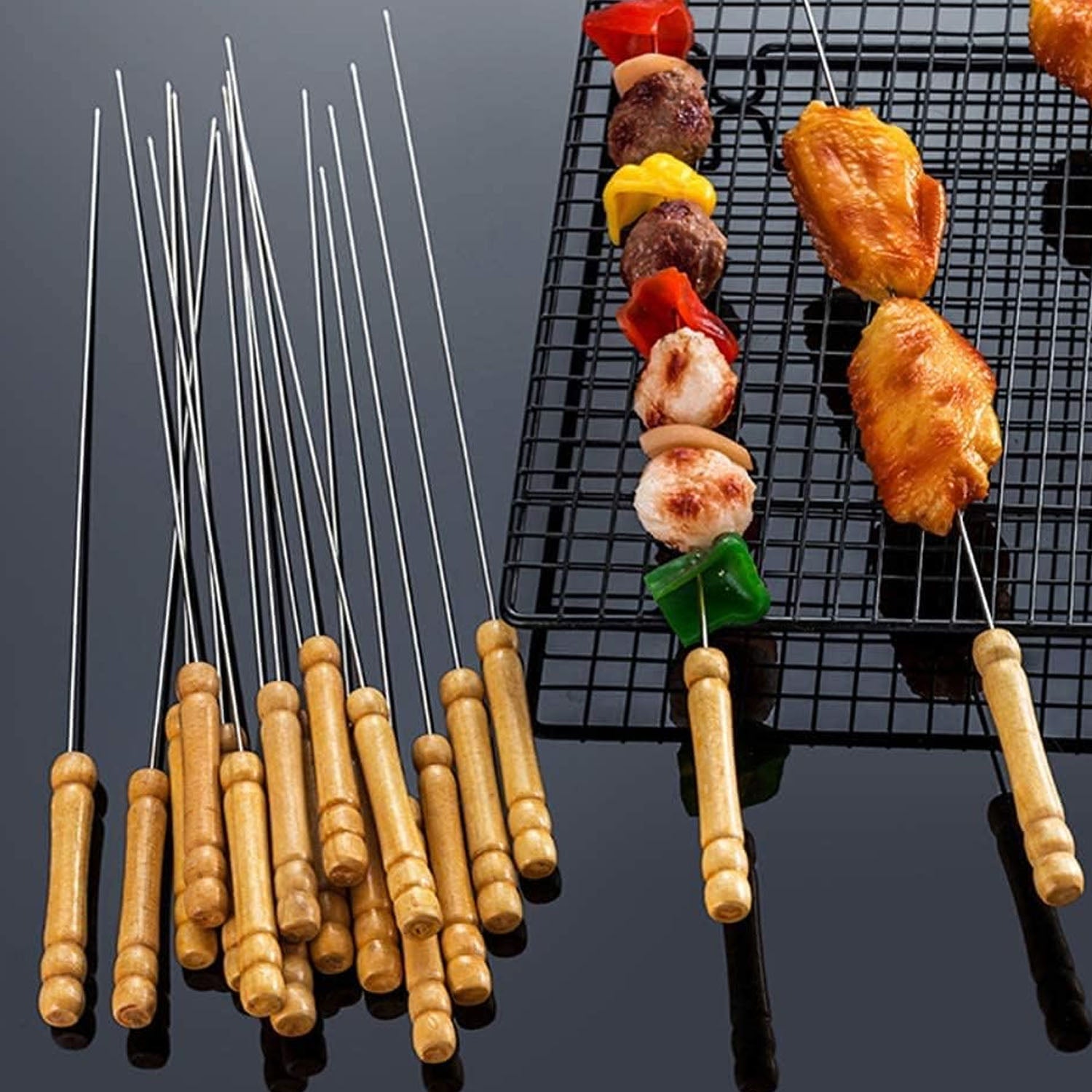 Pack of 12 stainless steel barbecue skewers with wooden handles