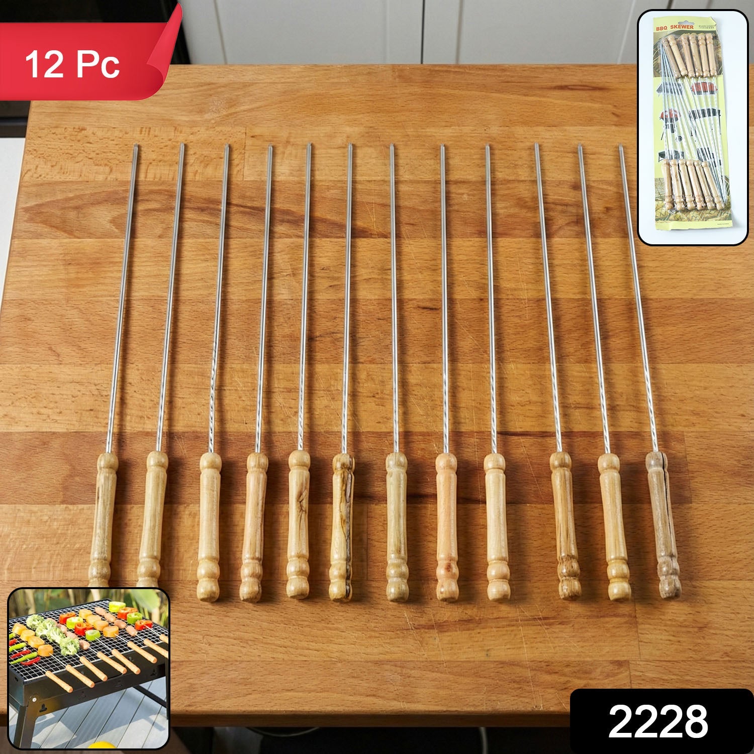 Barbecue skewers with SKU showing wooden handles and stainless steel rods