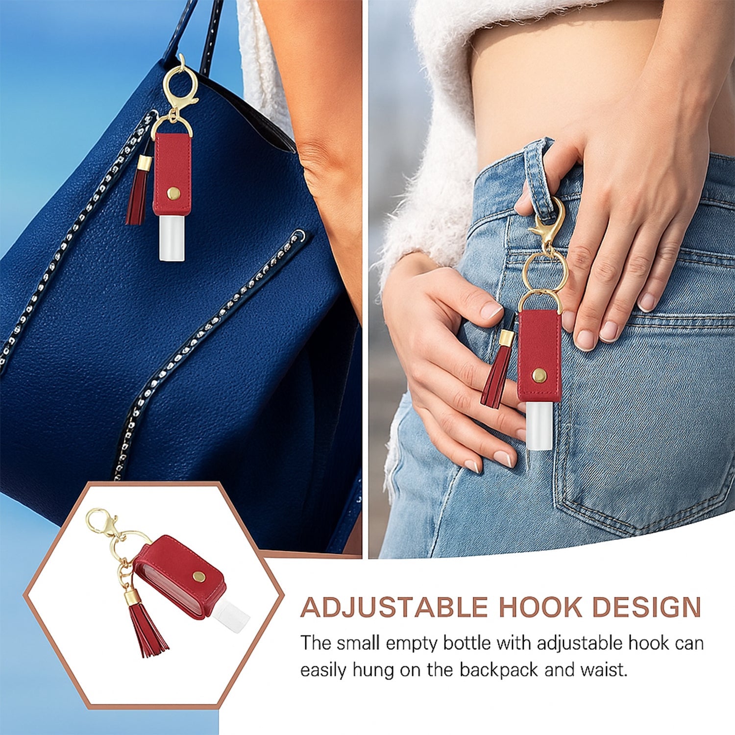 Open faux leather sanitizer holder showing clear refillable bottle