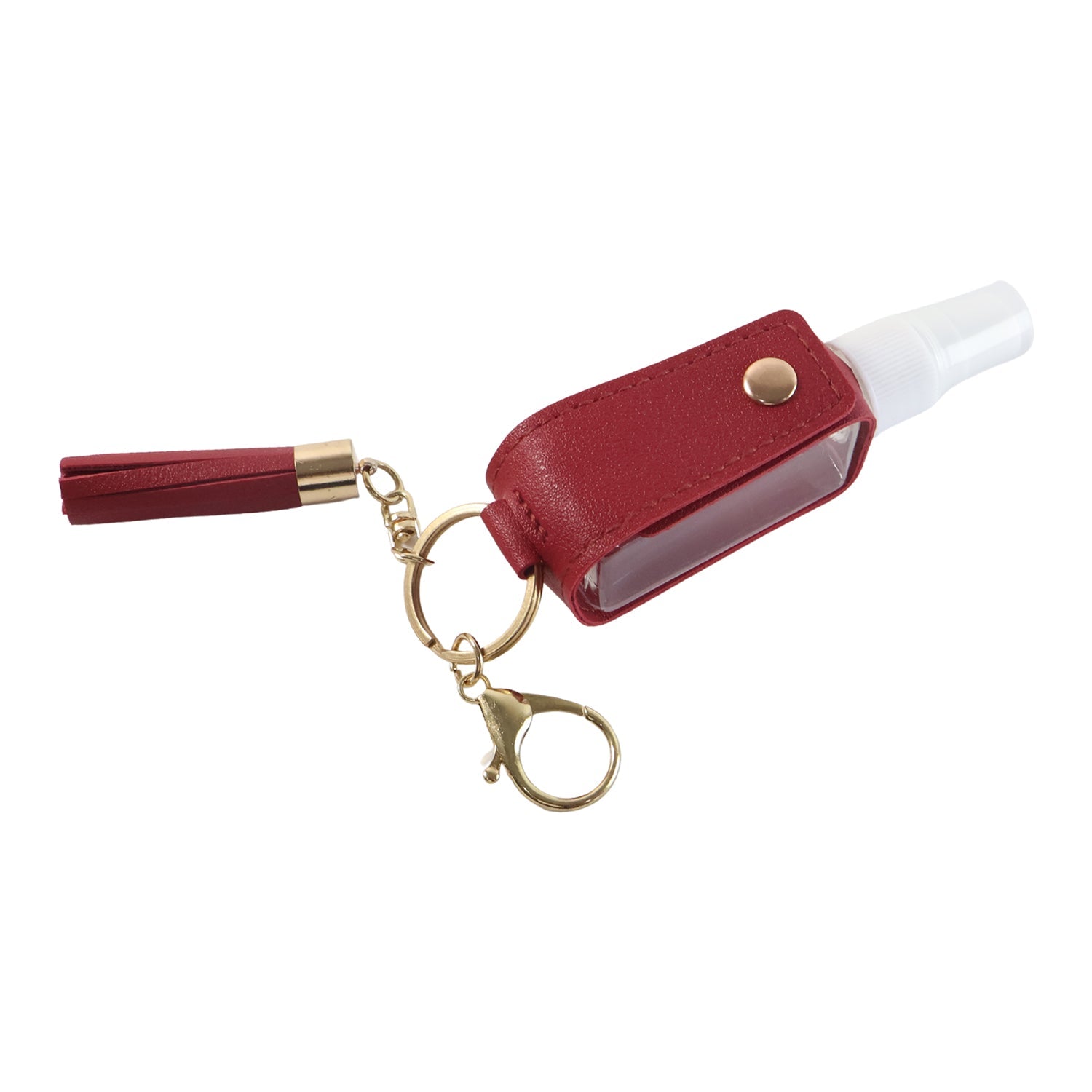 Hand sanitizer holder keychain clipped to a handbag strap
