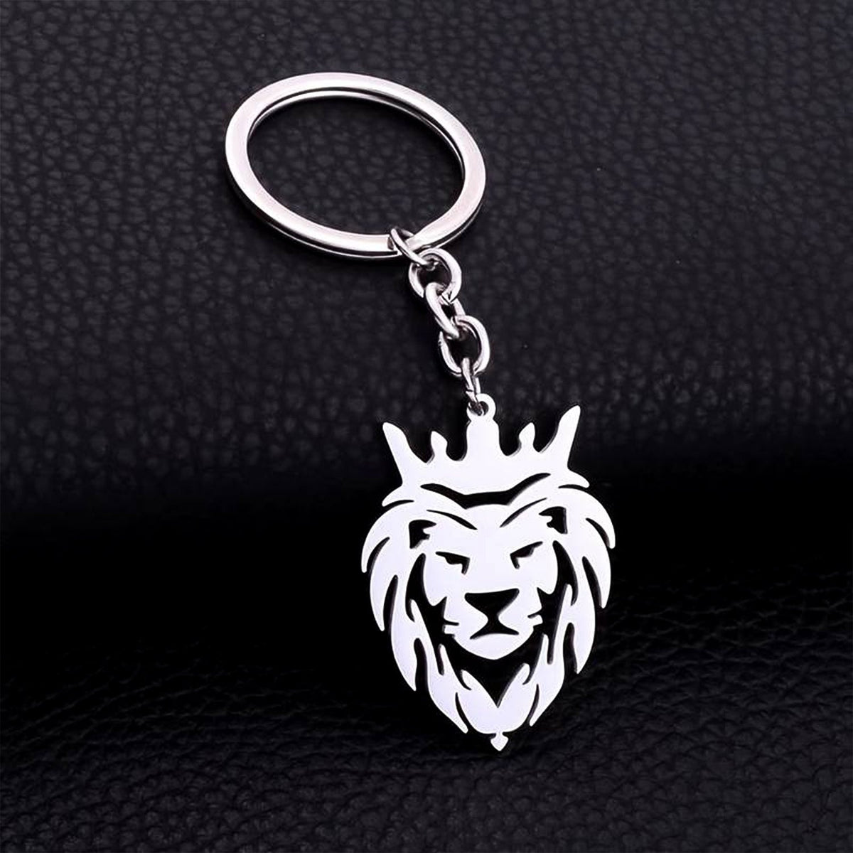 Durable stainless steel lion head keychain with crown
