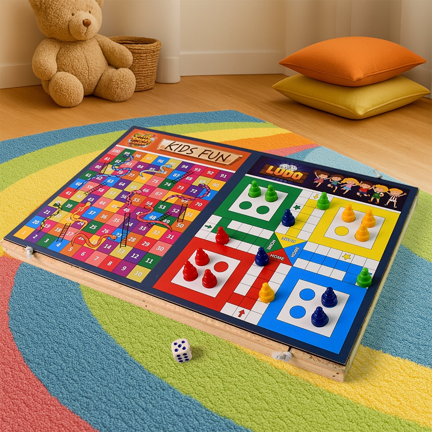 Components of the 3-in-1 wooden board game: pawns, dice, strikers
