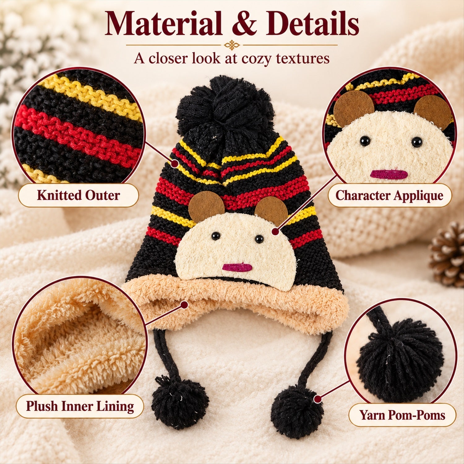 Kids Warm Knitted Winter Caps with Plush Lining and Cartoon Detail (1 Pc)