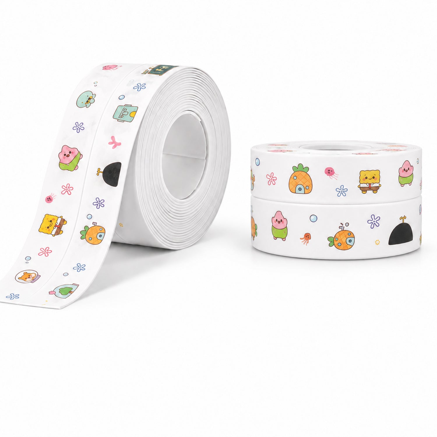 A large roll of white cartoon-printed sealing tape is shown next to two smaller stacked rolls on a white background.