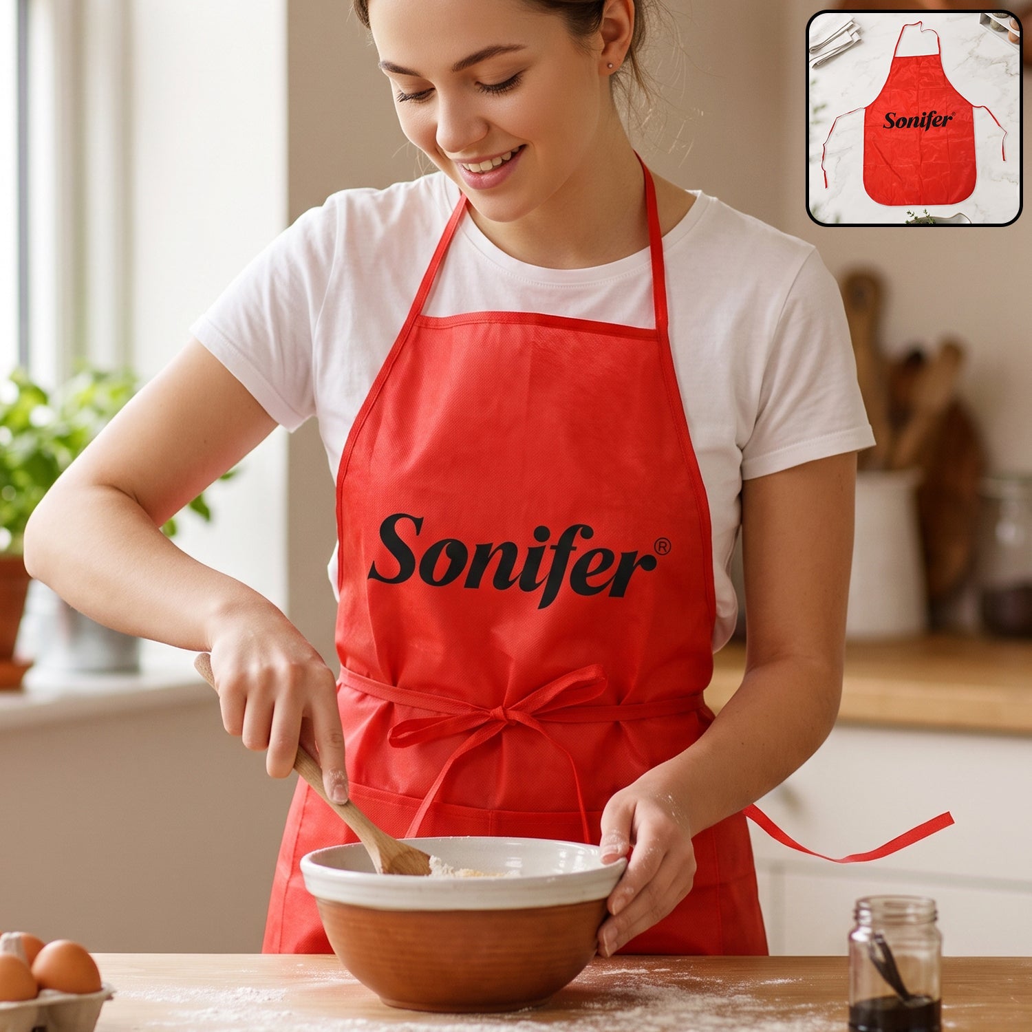 A smiling woman in a white t-shirt and a red Sonifer apron stirs batter in a bowl on a wooden counter