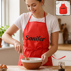 A smiling woman in a white t-shirt and a red Sonifer apron stirs batter in a bowl on a wooden counter