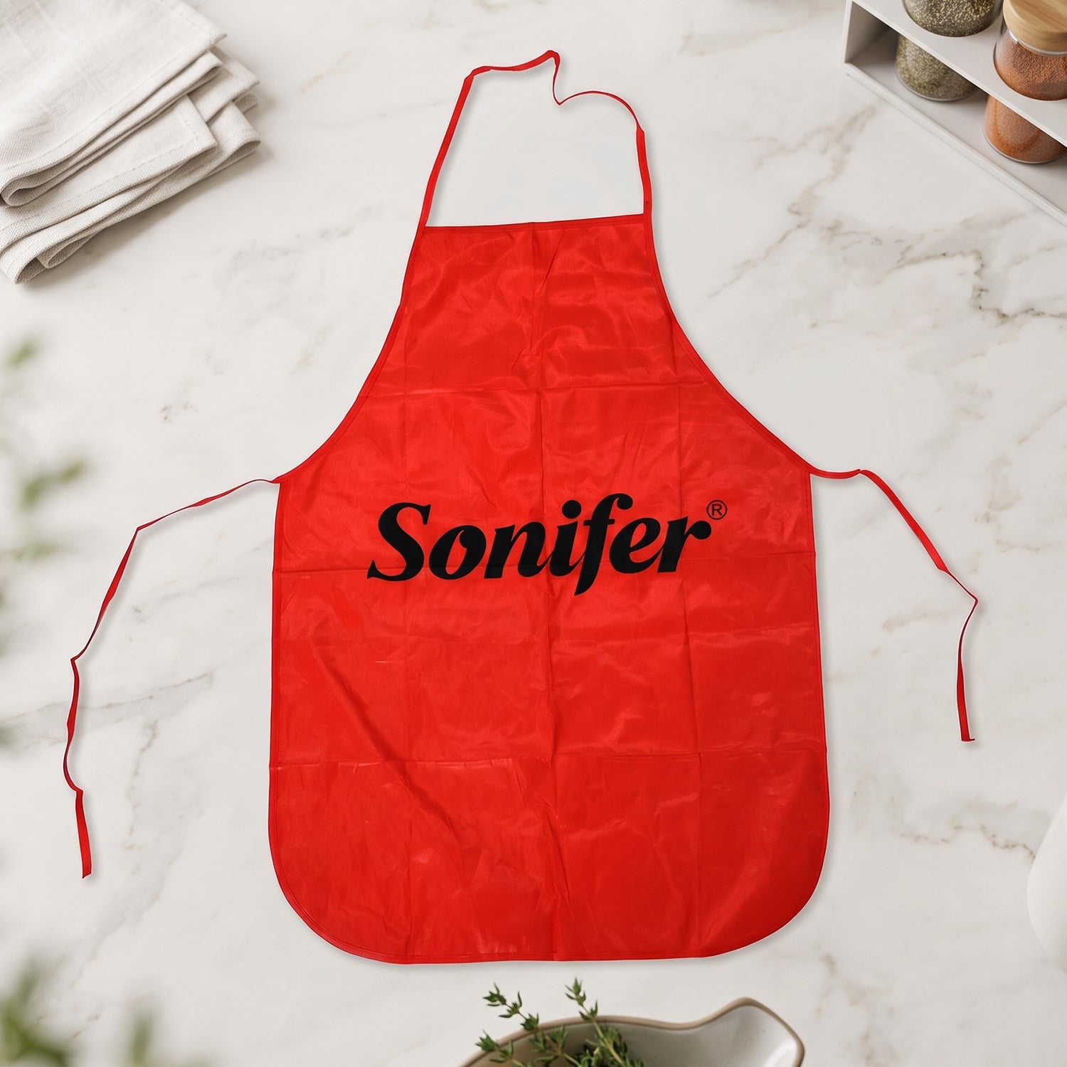 A flat lay of a red Sonifer apron on a white marble surface with folded towels and spice rack.