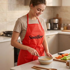 A woman in a beige t-shirt and red Sonifer apron whisks ingredients in a bowl on a kitchen counter with chopped vegetables.