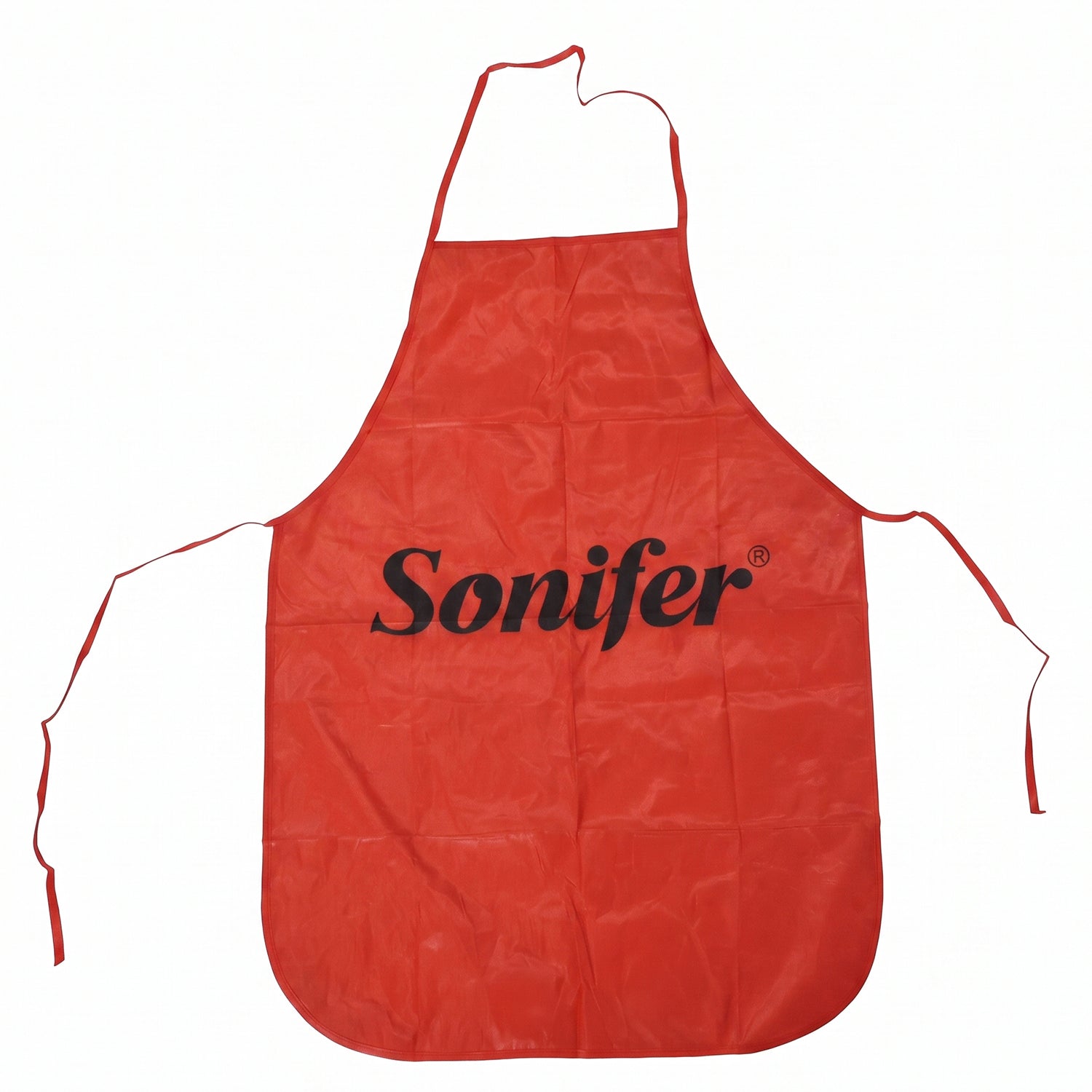 A red Sonifer apron with neck and waist ties displayed flat against a white background.