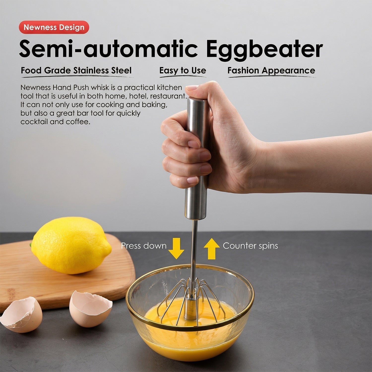 Stainless Steel Hand Push Rotary Whisk (1 Pc, 29 Cm)