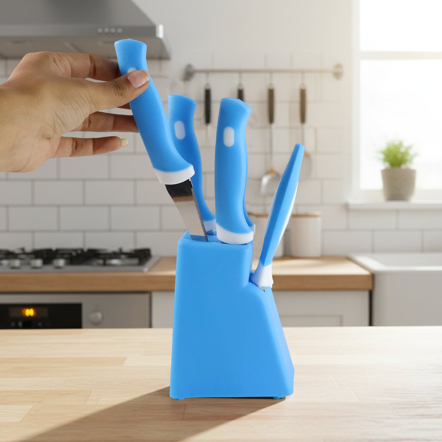 Knife set displayed in colorful plastic stand