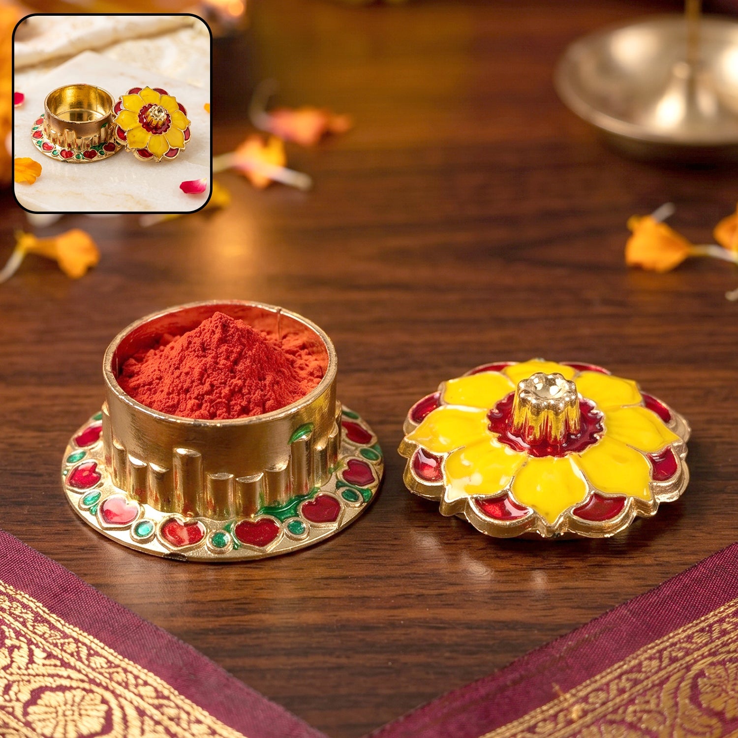 Golden decorative kankavati kumkum box for pooja