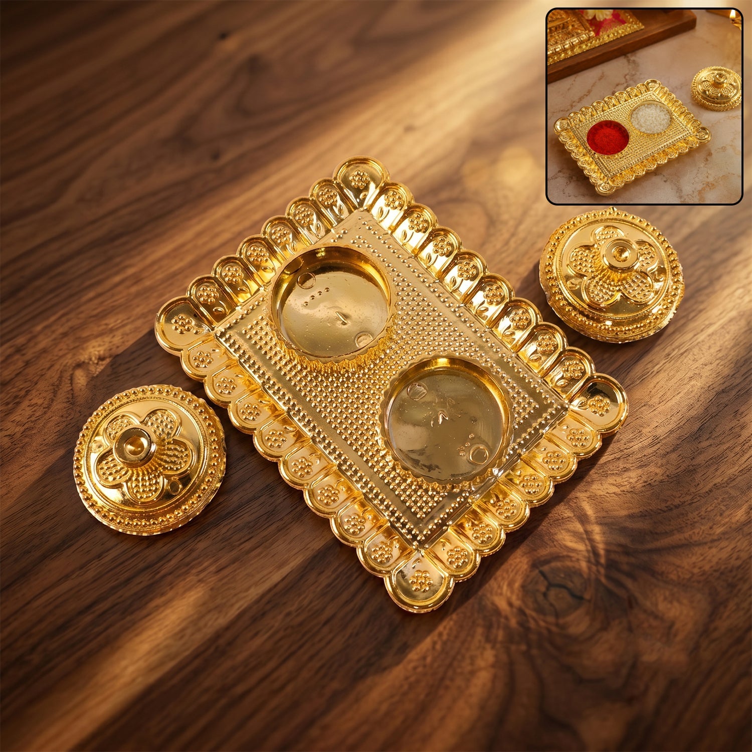 Square golden kumkum holder with floral lid and beaded border for pooja rituals
