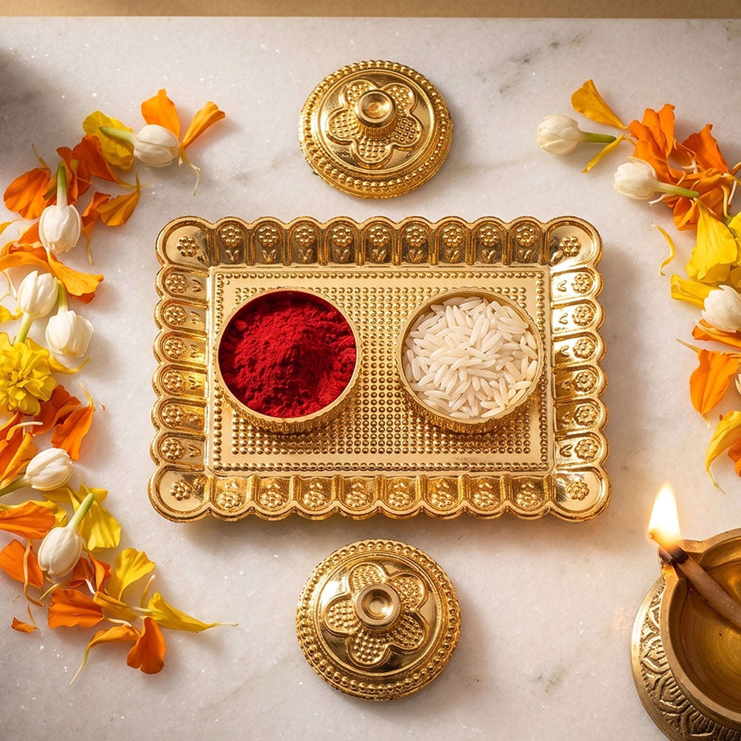 Traditional gold kumkum holder with floral lids for festive rituals