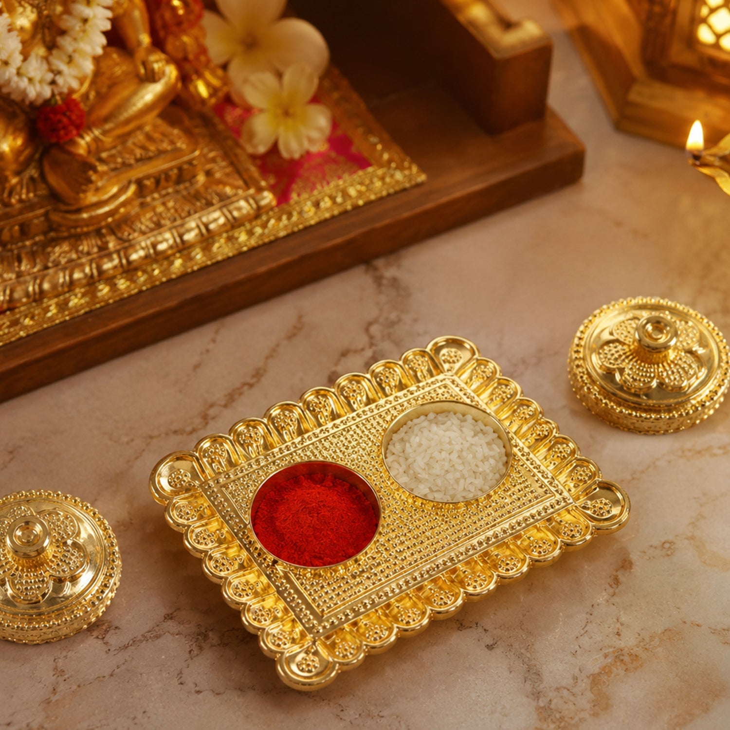 Gold finish kumkum holder for religious and ceremonial use
