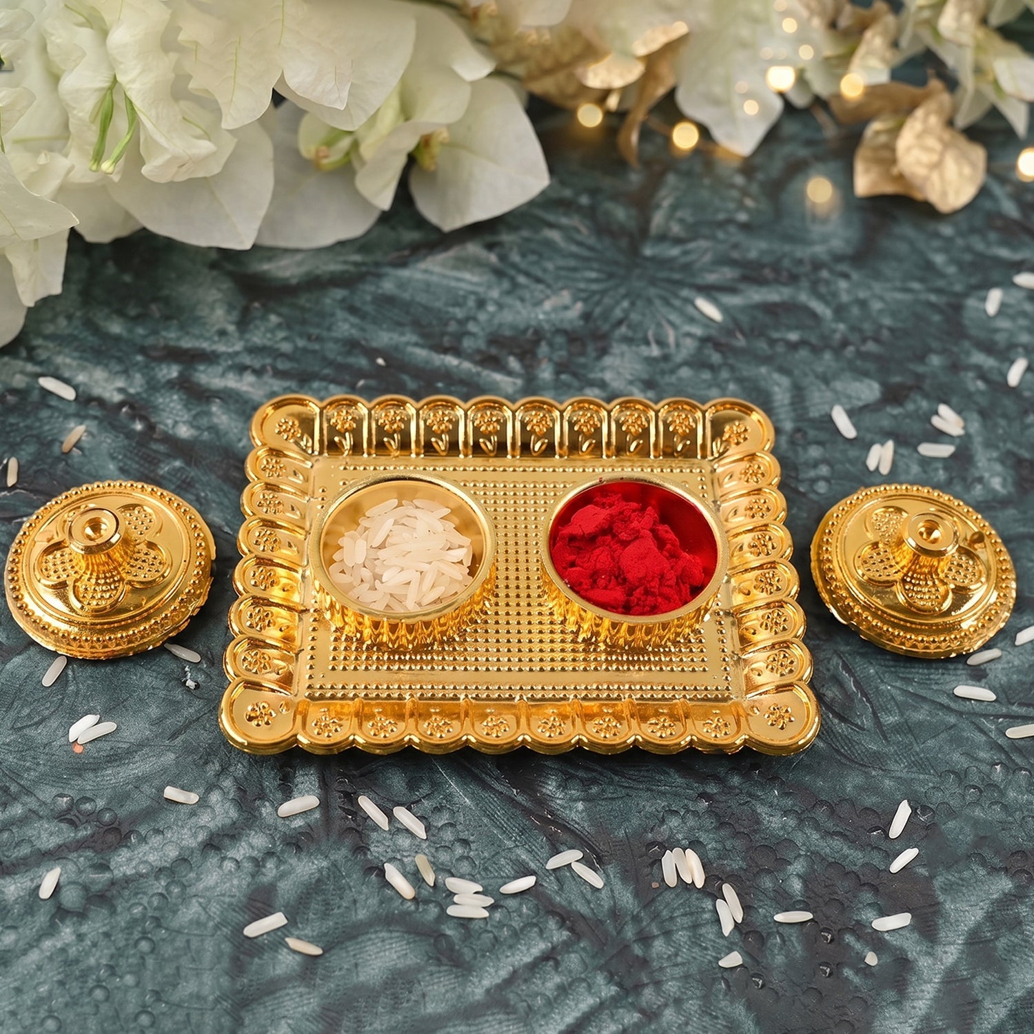 Elegant golden kumkum holder for storing pooja items like kumkum, roli, haldi