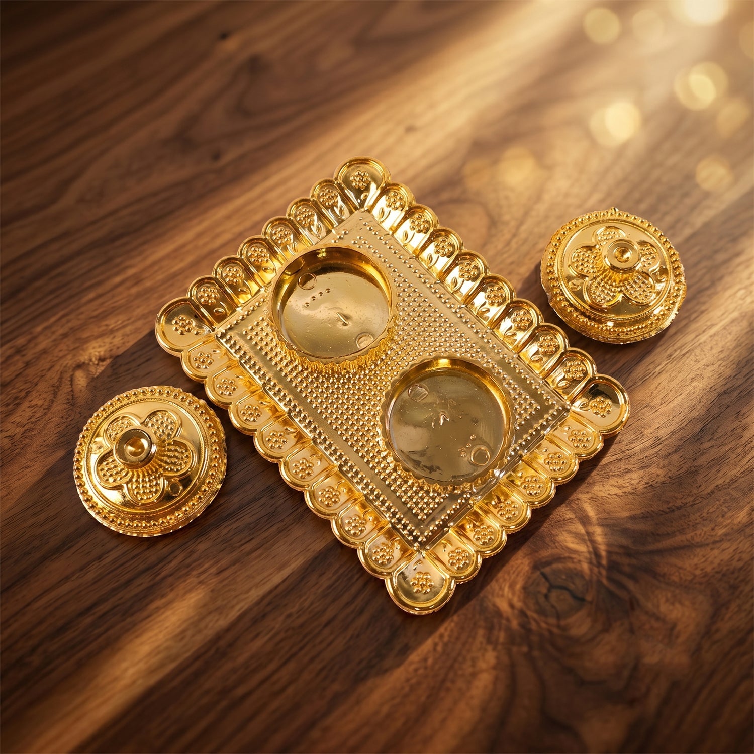 Beautiful golden floral lid on kumkum holder for religious ceremonies