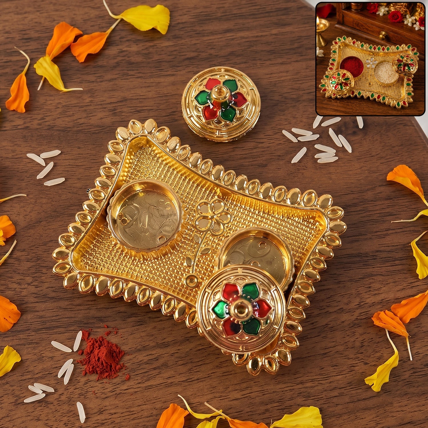 Beautifully crafted religious kumkum holder with colorful meenakari detailing