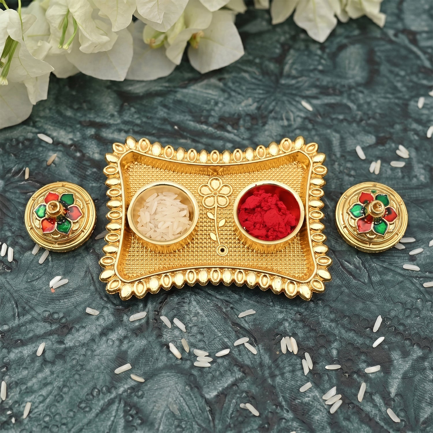 Elegant gold finish kumkum holder for religious rituals with compartments