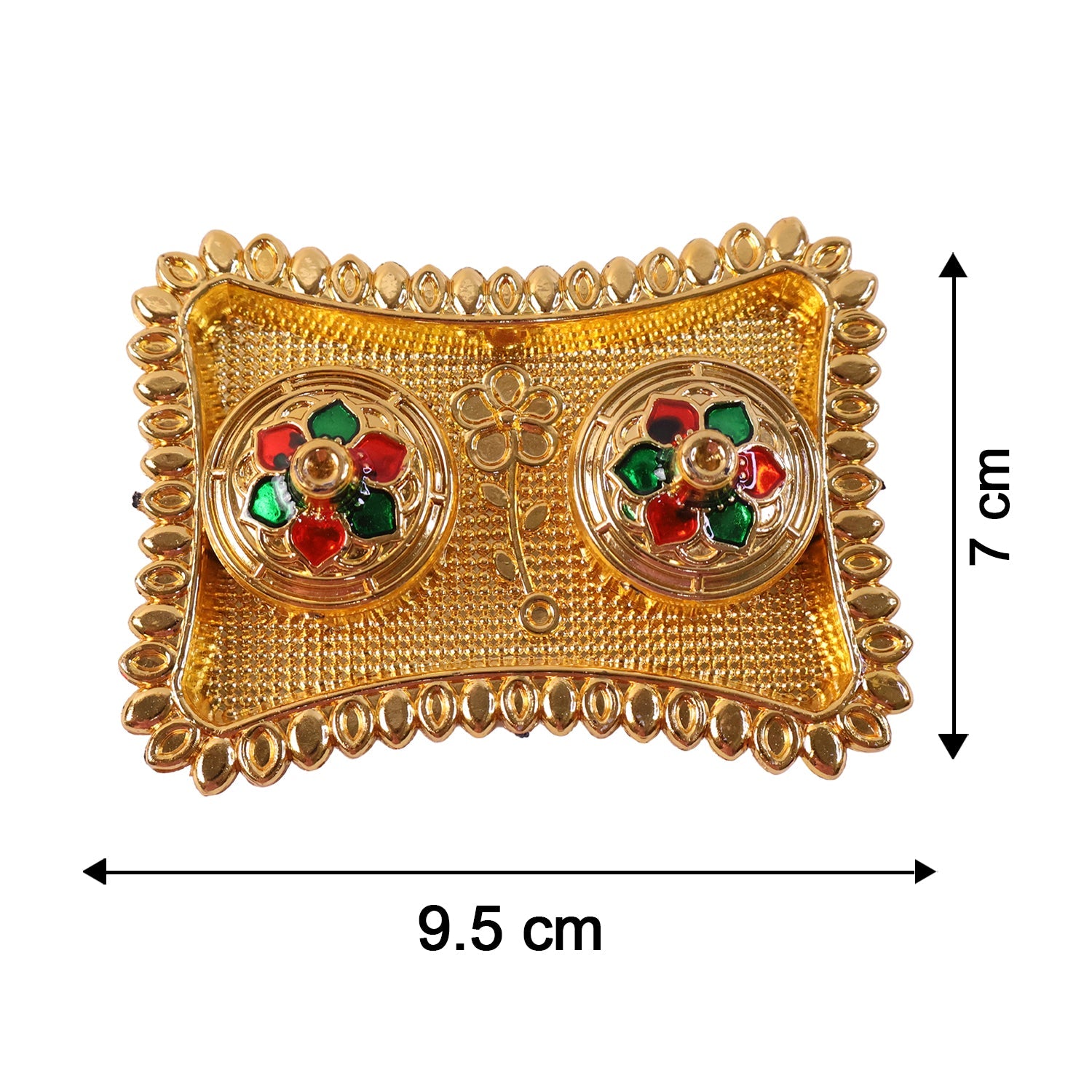 Close-up of gold finish kumkum holder with compartments and meenakari work