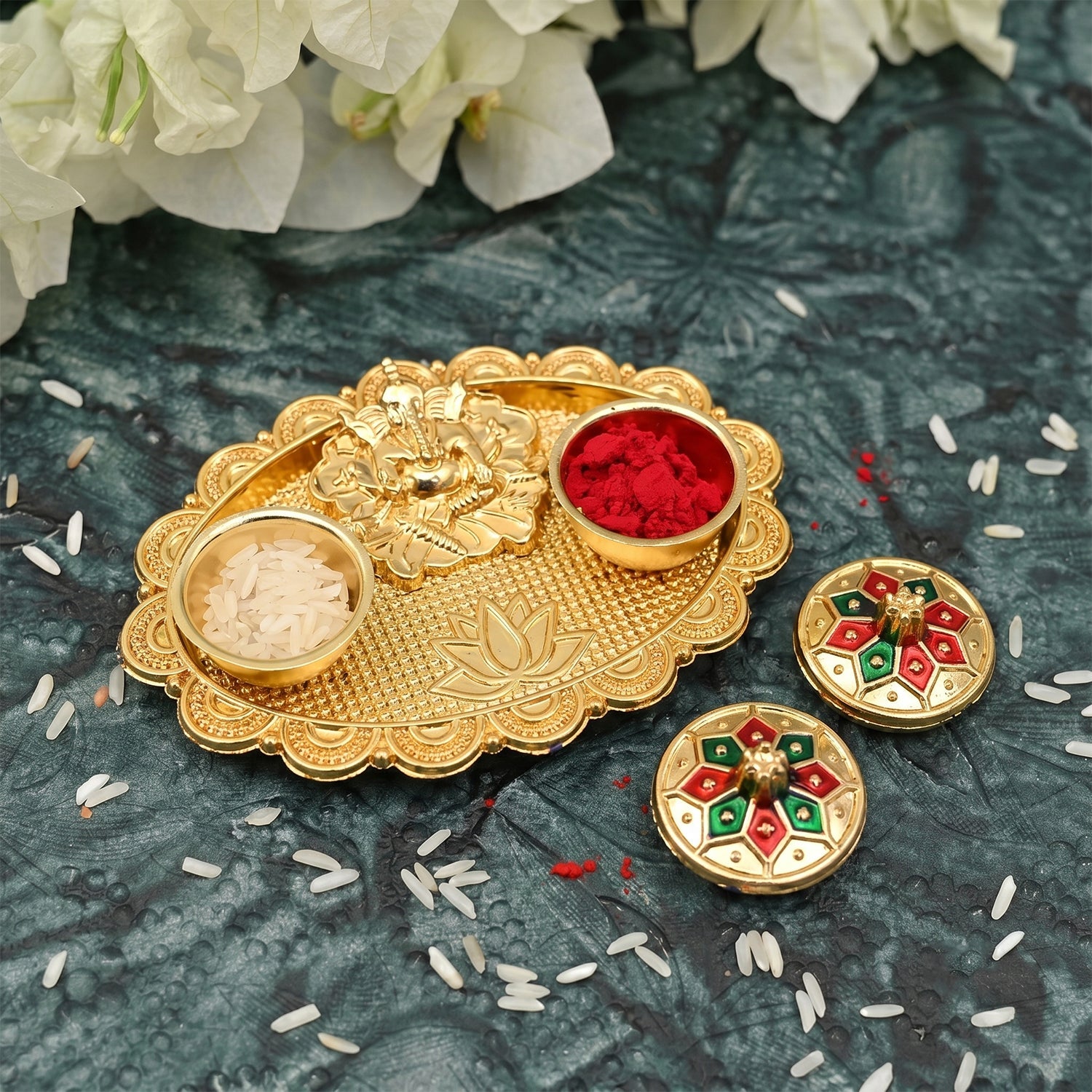 Traditional kumkum holder with colorful meenakari flower lids
