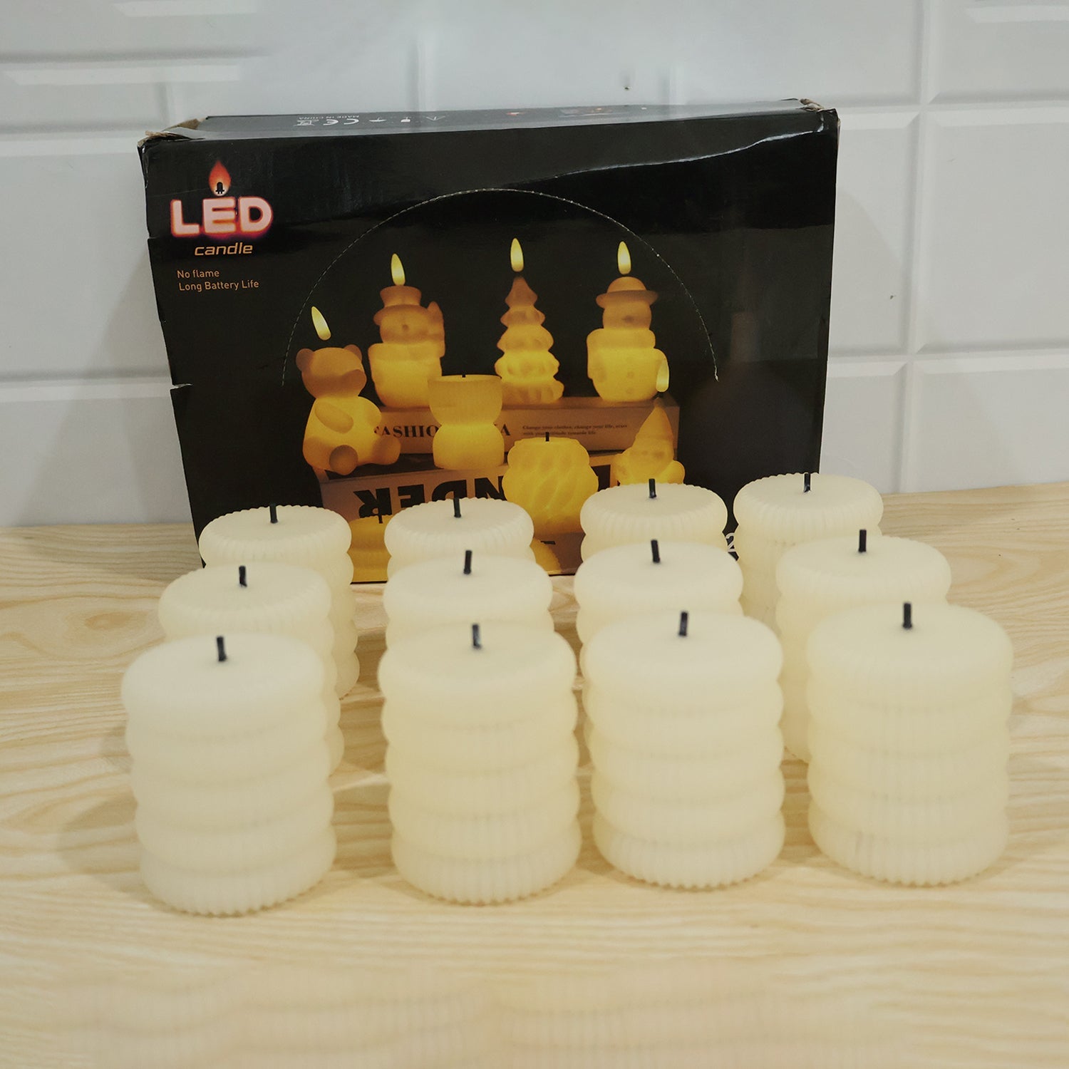 Decorative Flameless LED Candle Set Ribbed Pillar Warm Glow Light (12 Pc)