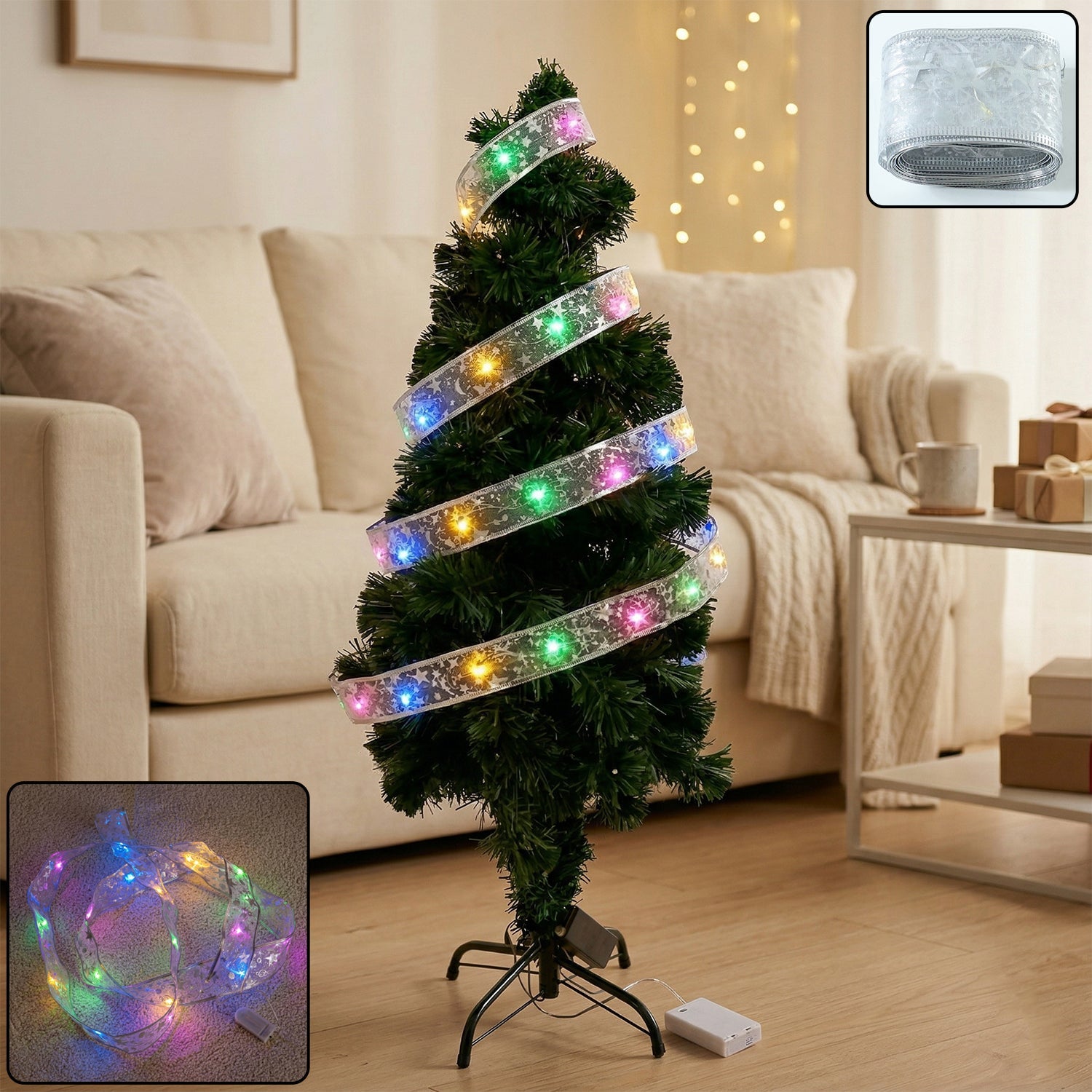 Multicolor LED ribbon light strip on Christmas tree