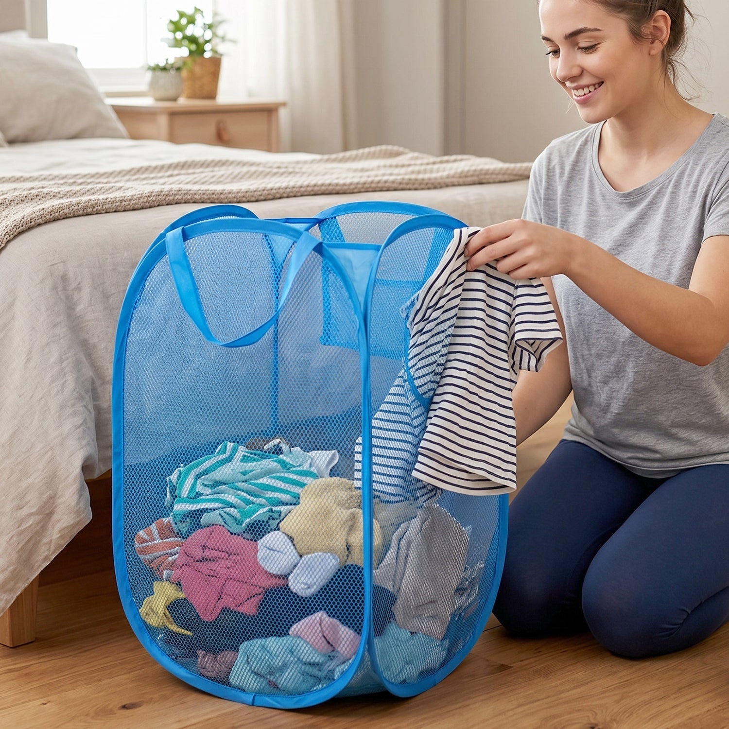 Foldable Mesh Laundry Basket with Handles Large Clothes Hamper (1 Pc,36x36x58cm)
