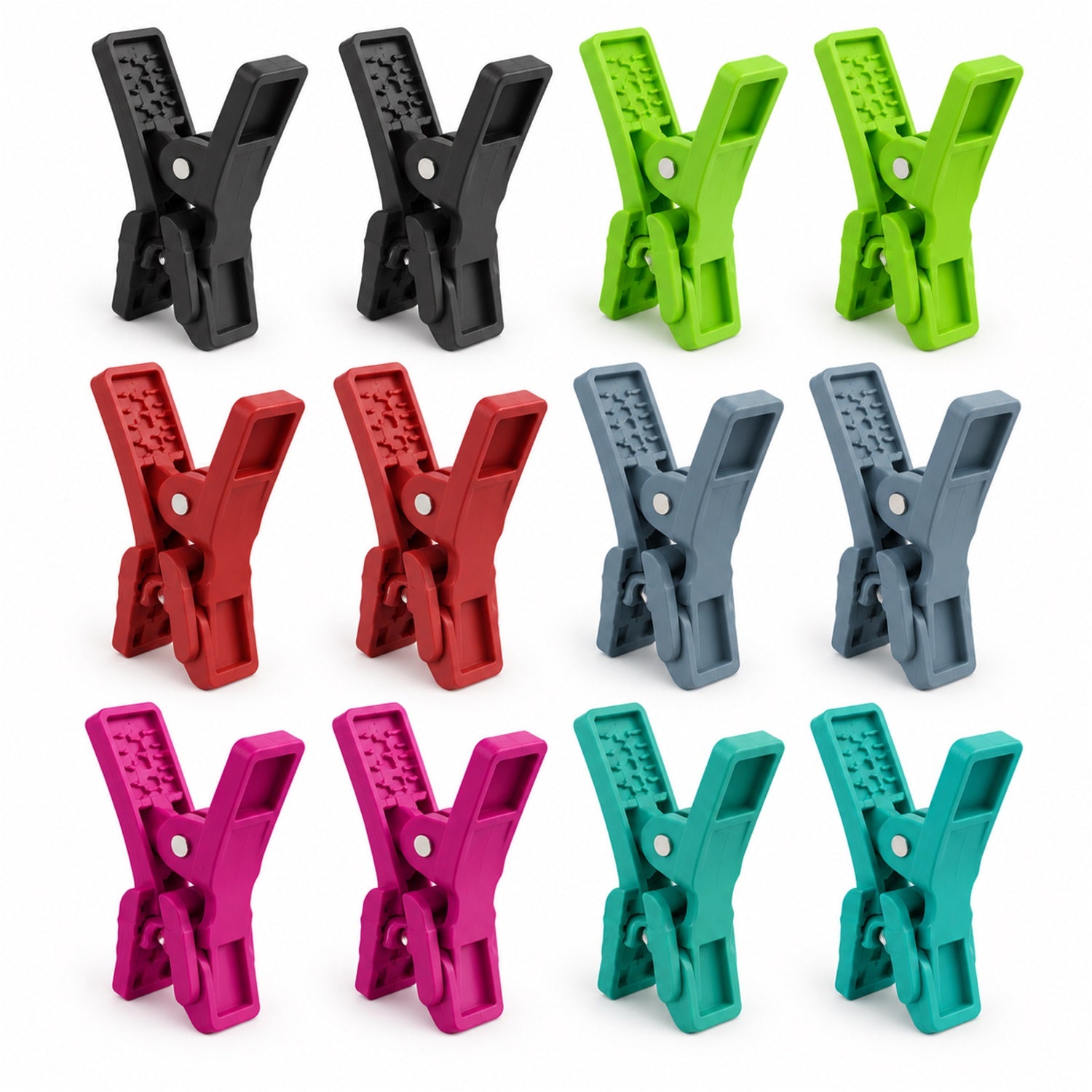 Twelve plastic clothes clips in black, green, red, gray, pink, and teal are neatly arranged in rows on a white background.