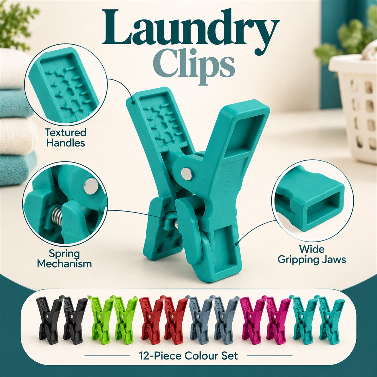 A large teal plastic clothes clip is highlighted with callouts pointing to its textured handles, spring mechanism, and wide