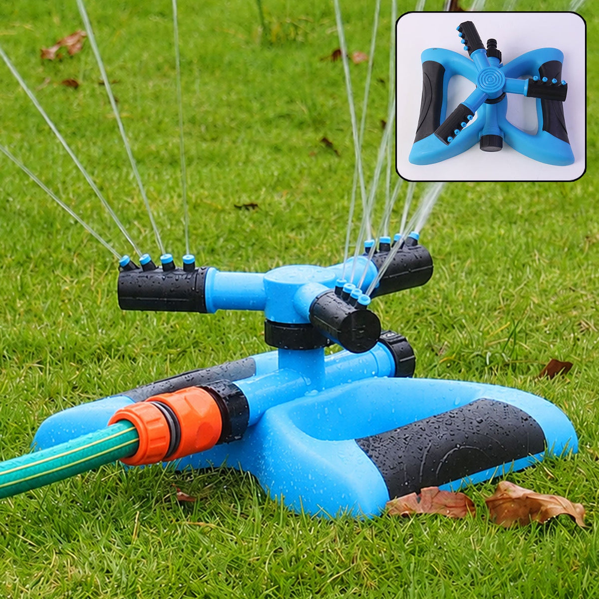 360-degree rotating garden sprinkler with 3 arms spraying water evenly