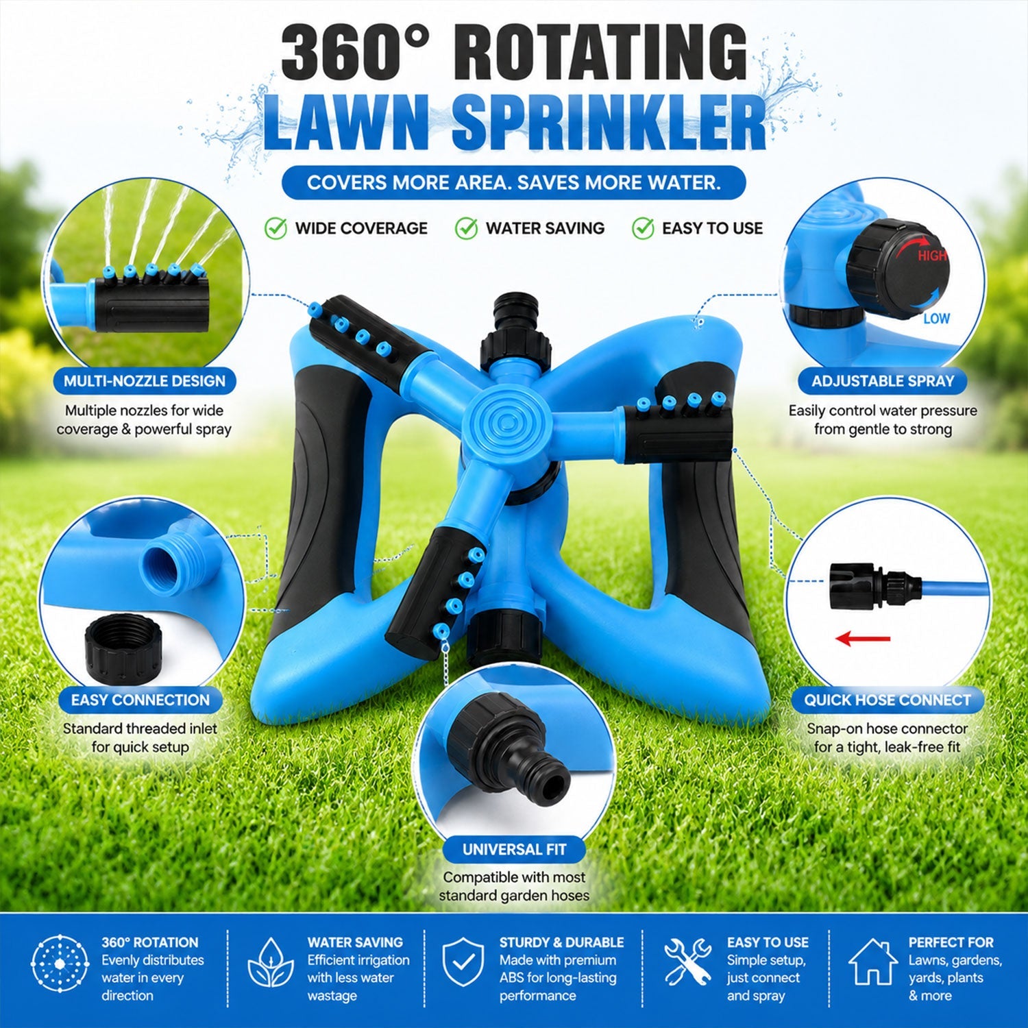 Wide coverage garden sprinkler for irrigation in large outdoor spaces
