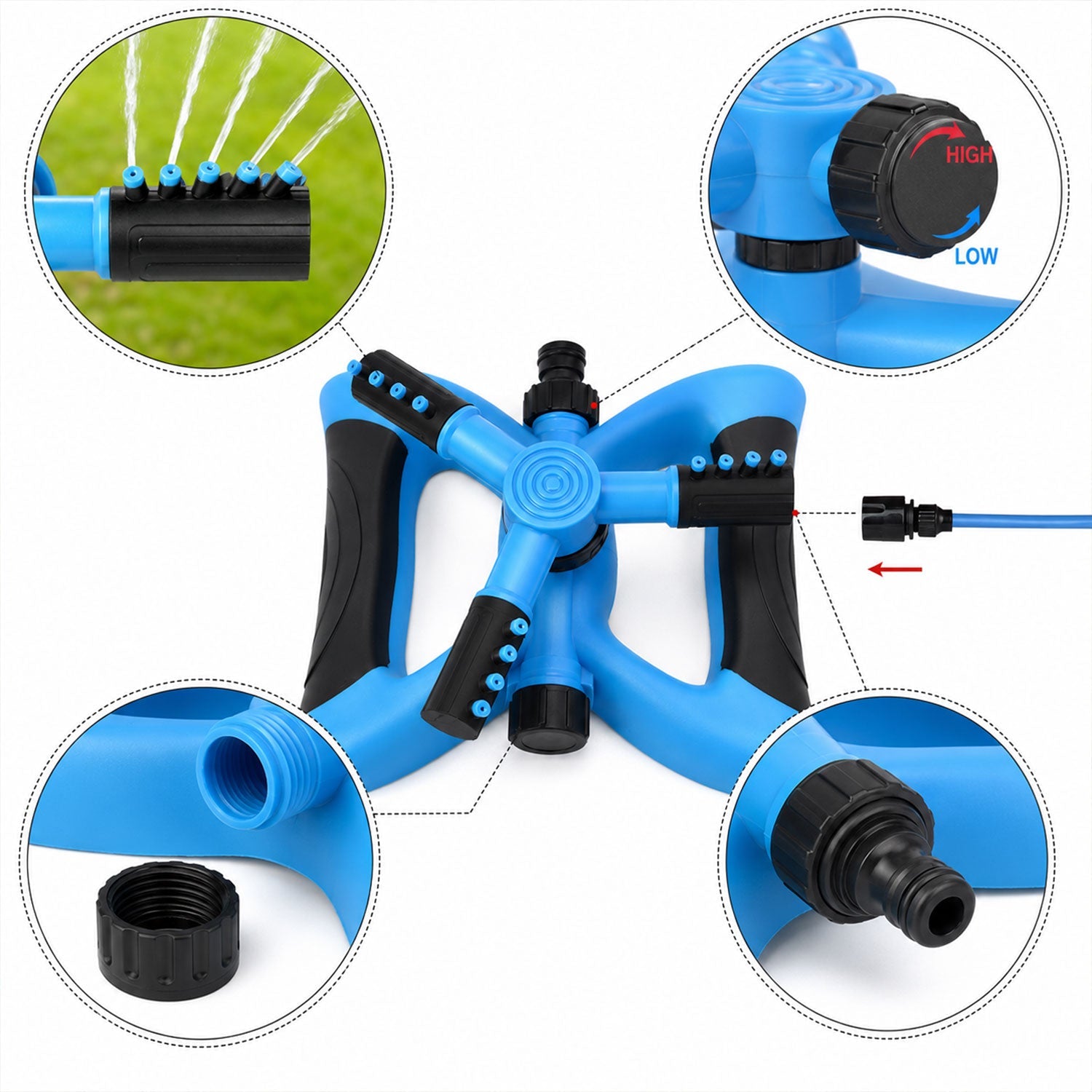 Outdoor lawn sprinkler with stable base and rotating nozzles for full coverage