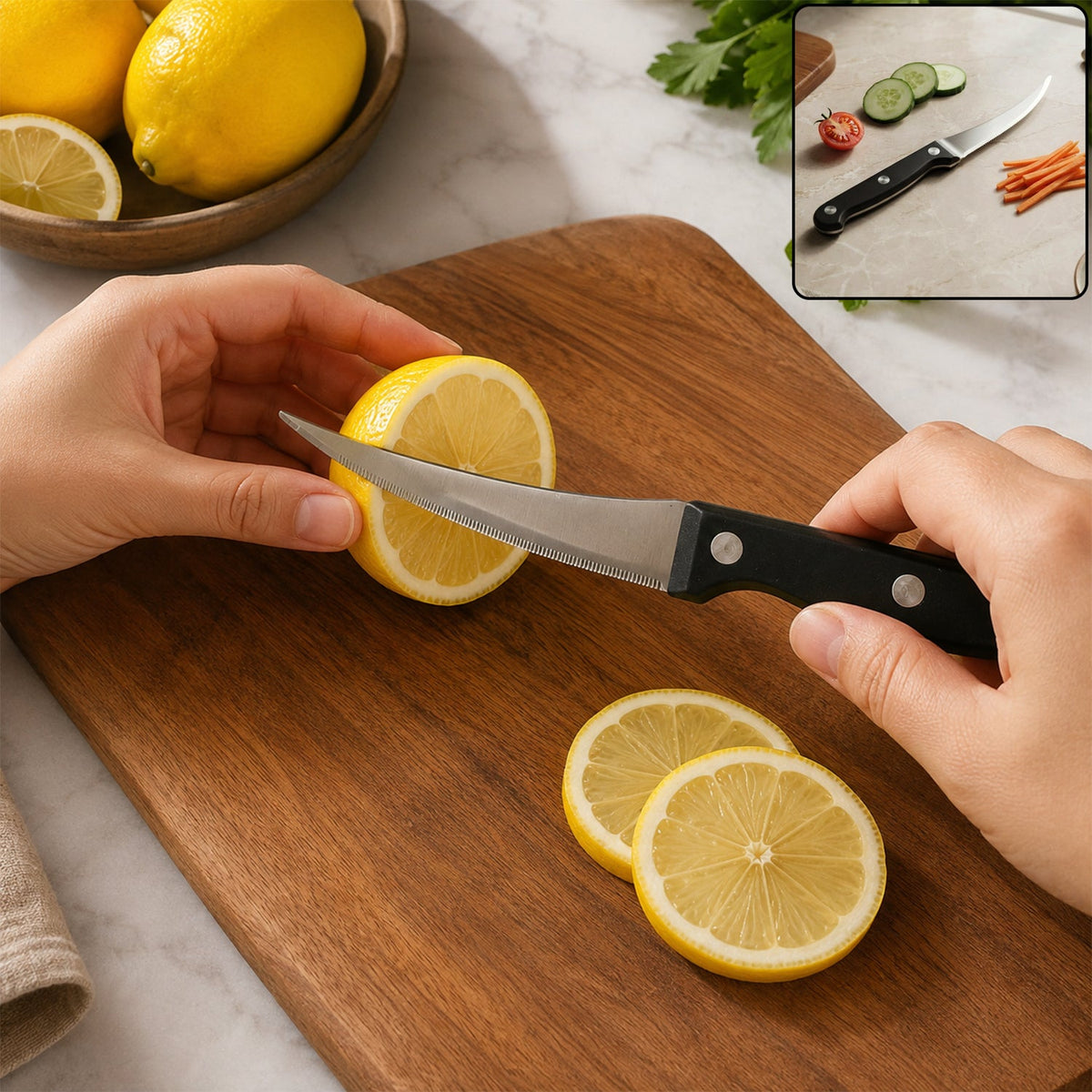 Apex serrated lemon knife with curved blade