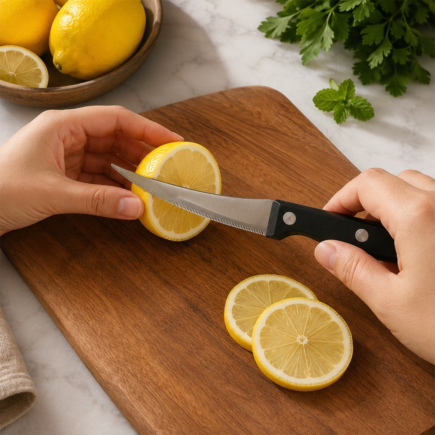 Serrated knife slicing a tomato