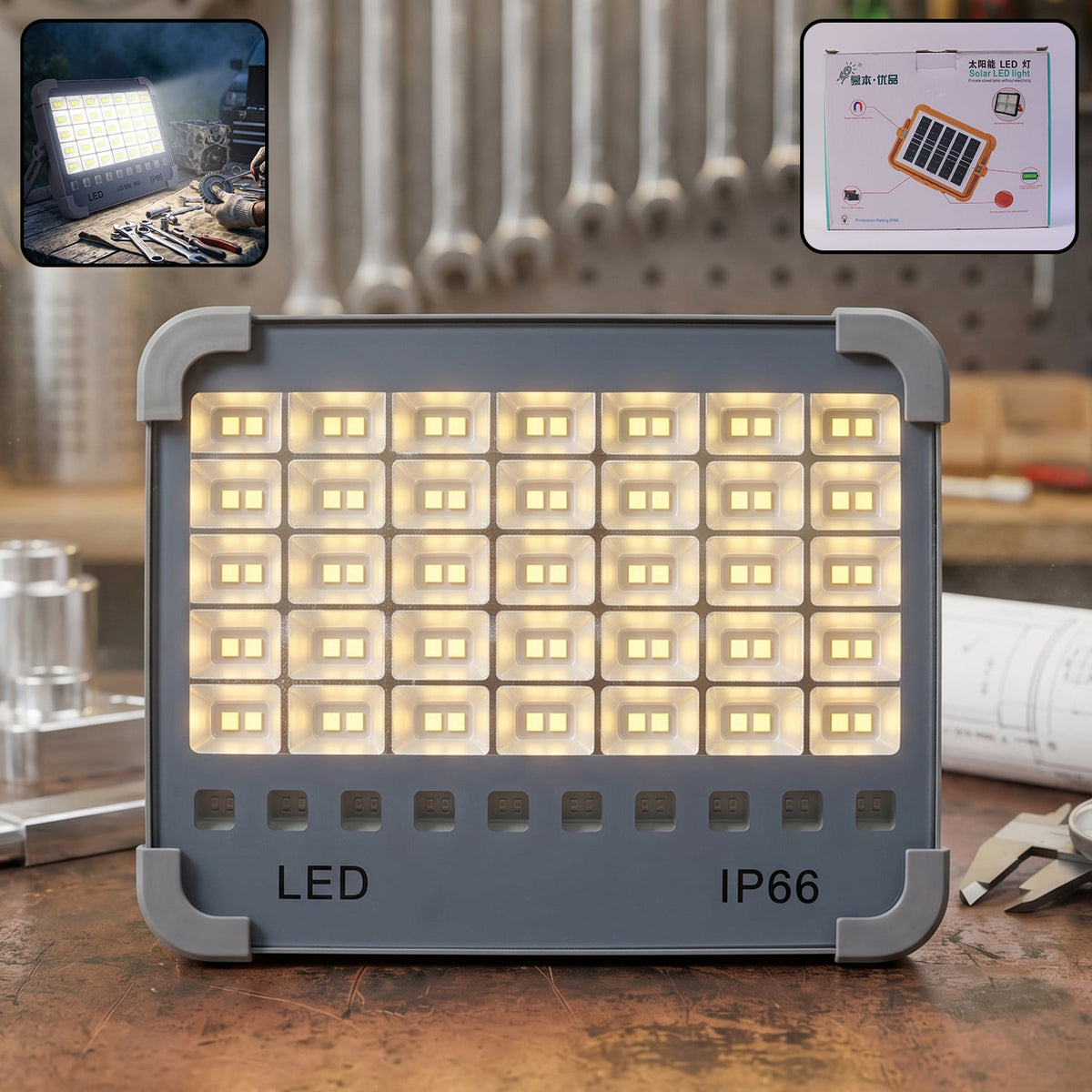 Solar USB rechargeable outdoor LED flood light with stand and magnetic back for versatile mounting