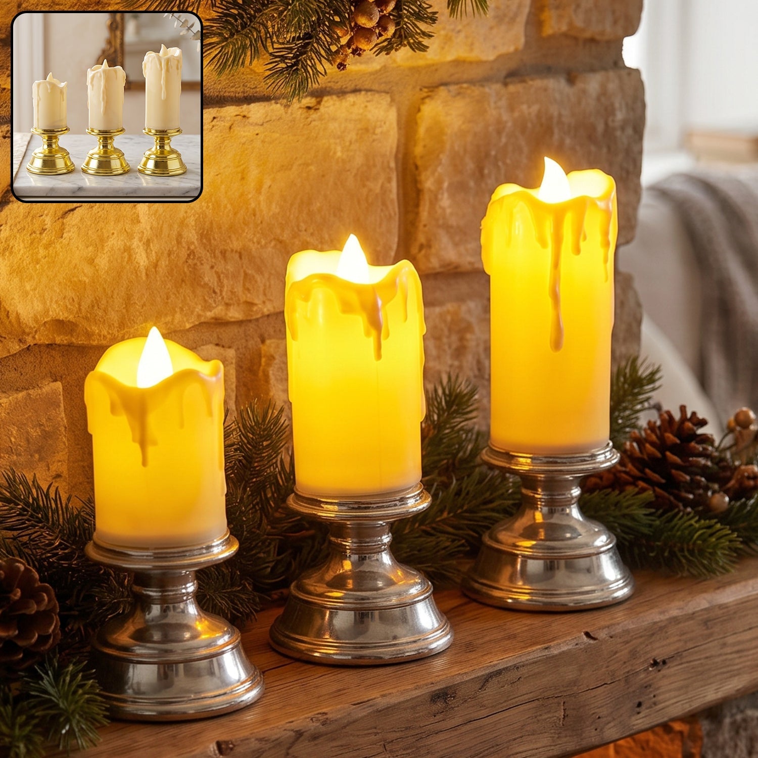 Plastic flameless LED candle set with pedestal stand for decoration
