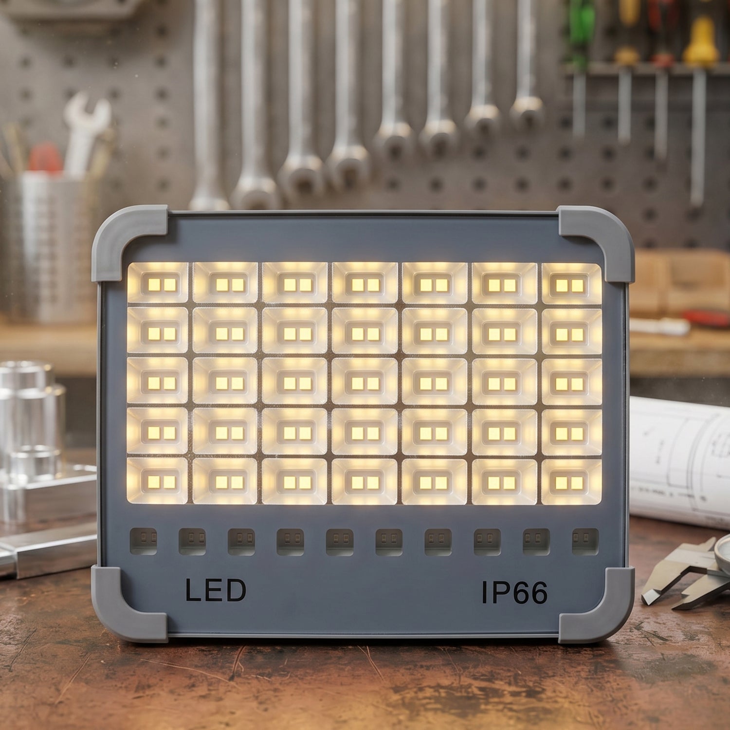 Portable, rechargeable LED work light for construction, camping, and emergency use
