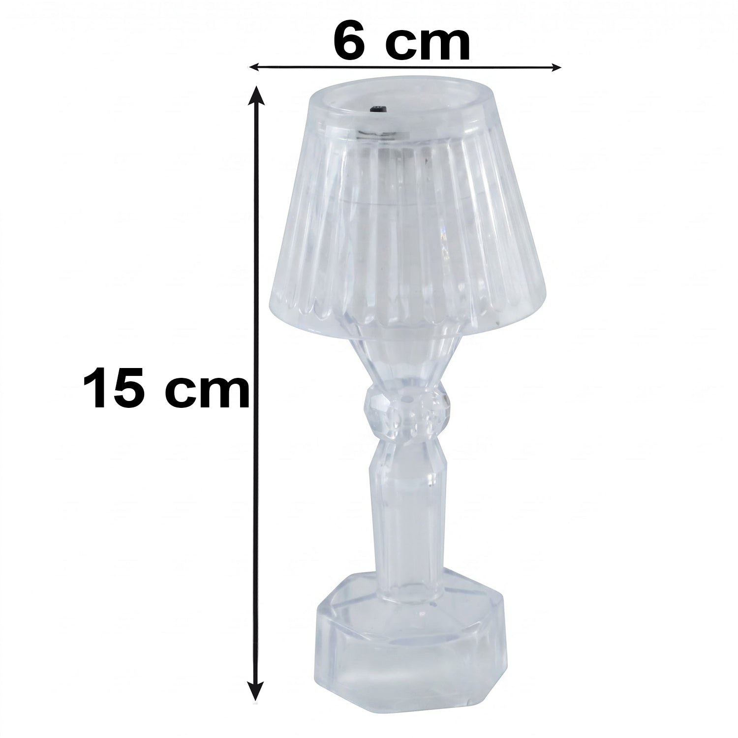 A single clear acrylic miniature table lamp with a ribbed shade and hexagonal base, showing its 15 cm height and 6 cm width.