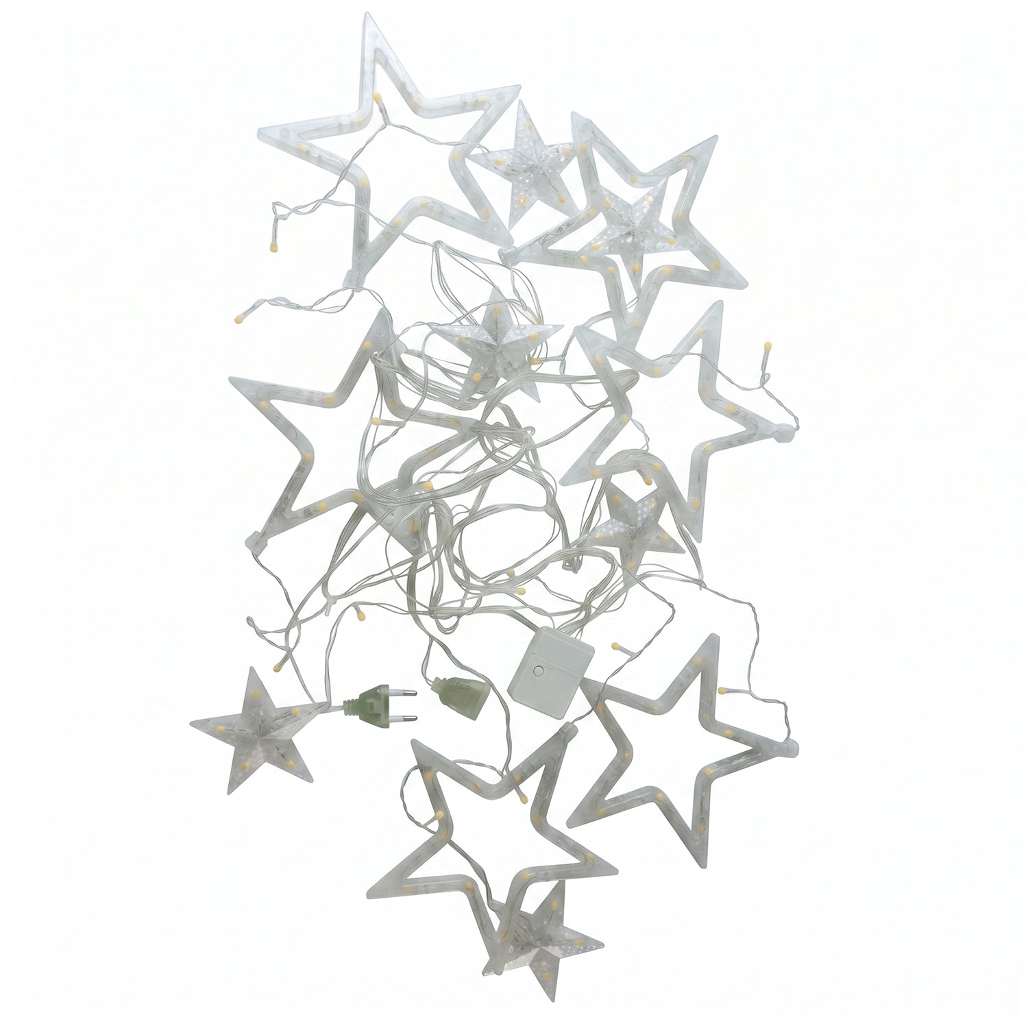 White star LED string lights on white background